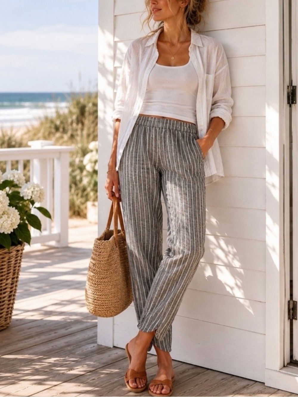 Marine Layer Gray & White Striped Straight-Leg Pants
